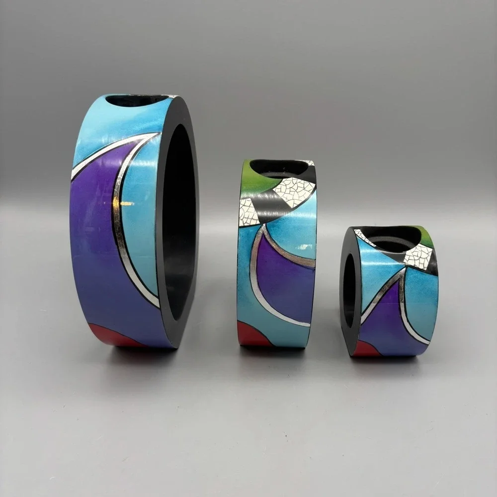 Art Deco Tea Light Candle Holders‎ Bright Colors Abstract Design Stackable